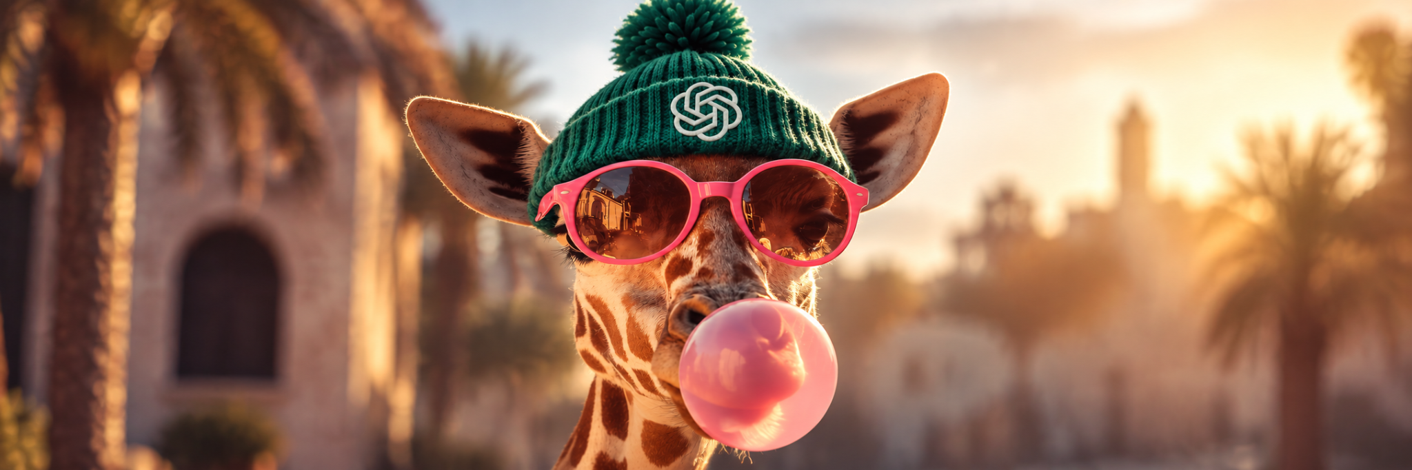 gptiraffe in a warm sunset city scene