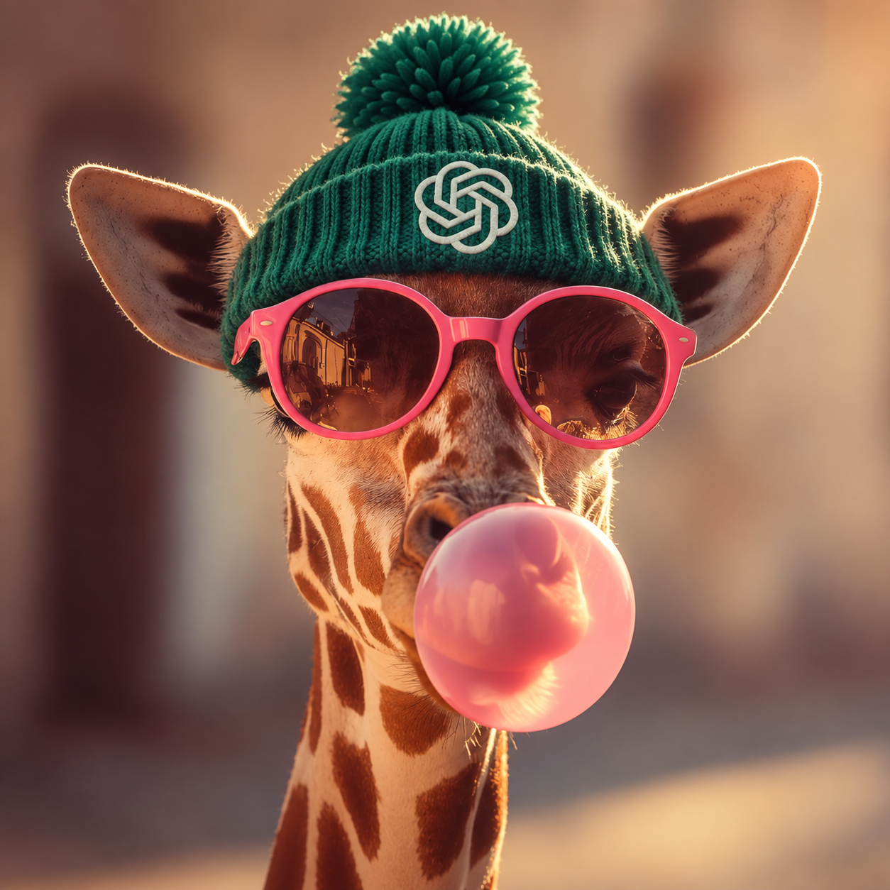 gptiraffe wearing a green beanie and pink sunglasses